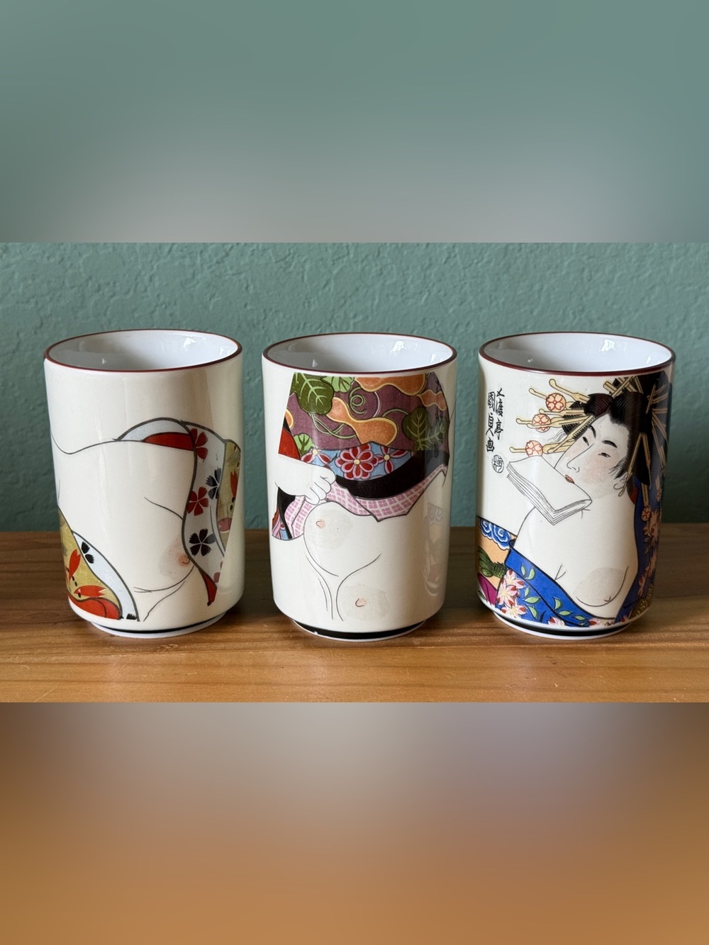 Set 3 Vintage Japanese Nude Geisha Porcelain Tea Cups Ukiyo-e Art 4”